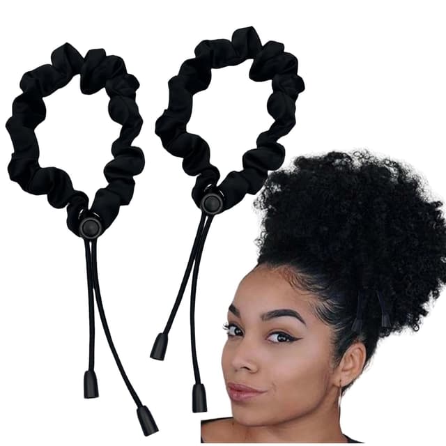 2 Pcs Adjustable Satin Hair Ties (Satin Scrunchies) for Afro Puff, Locs, Ponytails—No-Damage Hold (Black)