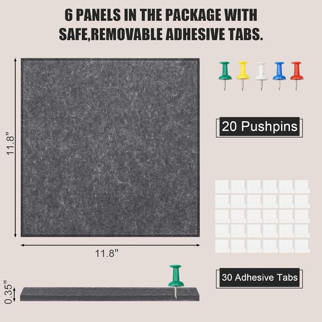 Detalle 2 de Cork Board Alternative felt wall pin board tiles, 90 x 60 cm (6 pack) – dark gray, with 20 pushpins