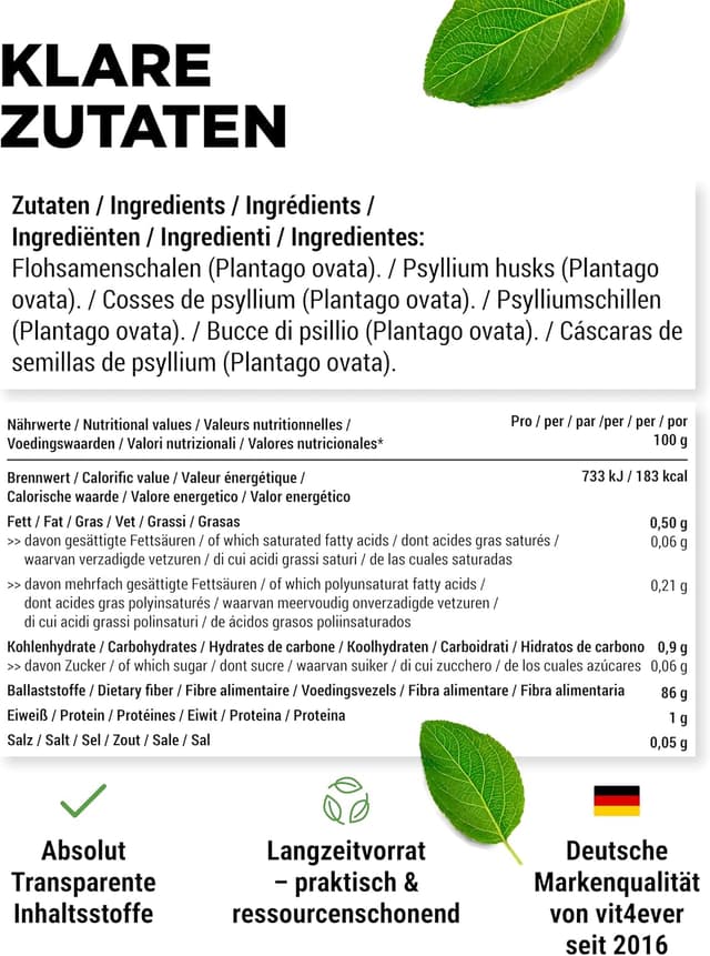 Detalle de vit4ever Flohsamenschalen 99% Reinheit (1.000 g) – vegane Psyllium-Husks ohne Zusätze