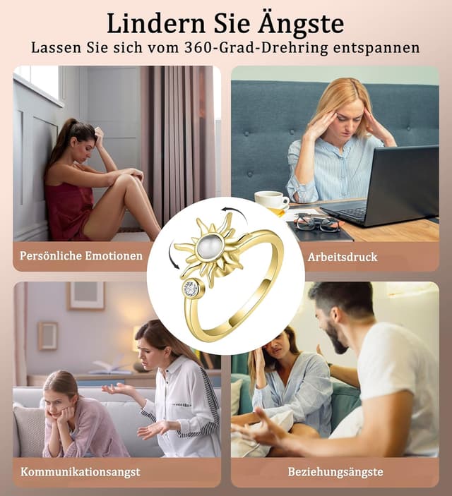 Detalle 2 de Maynor Anxiety Ring für Damen – verstellbarer Zirkonia-Blumen & Sonnen Stressspinner-Ring