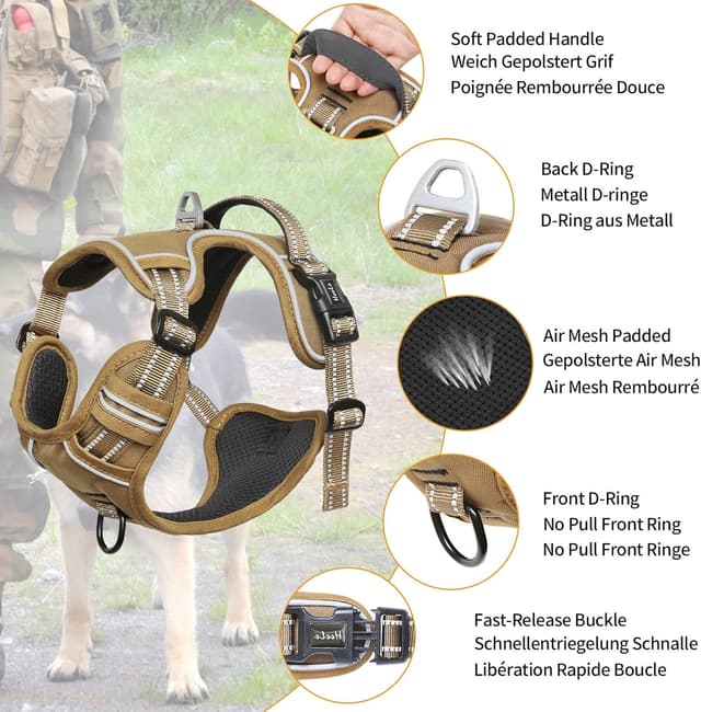 Detalle 2 de HEELE Dog Harness (XL) – padded no-pull reflective harness with handle for small to large dogs, brown