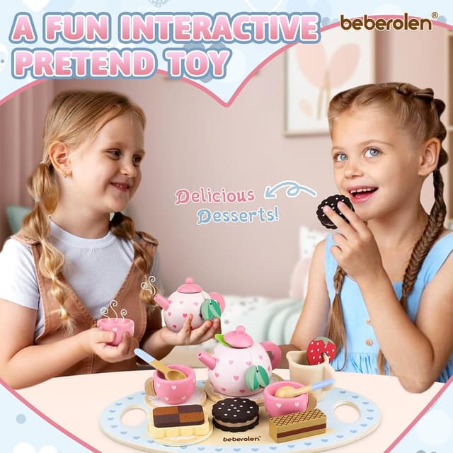 Detalle 1 de Beberolen Wooden Tea Set for Toddlers (pretend afternoon tea play set) with biscuits and teapot