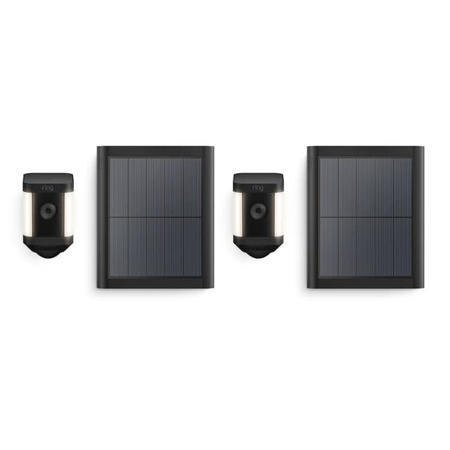 Detalle 2 de Ring Spotlight Cam Plus Solar: videocamera di sorveglianza Wi‑Fi per esterno con faretti, audio bidirezionale e visione notturna a colori