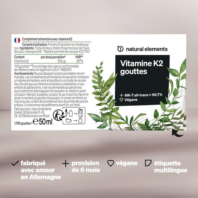 Detalle de Vitamine K2 MK-7 200 µg (1 700 gouttes / 50 ml) – all-trans >99,7% – 100% végan