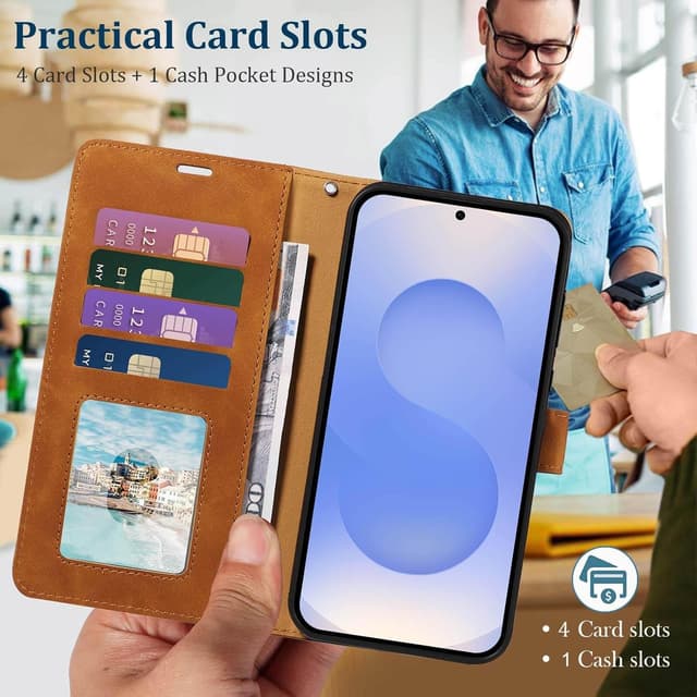 Detalle 2 de GOTOURED Handyhülle für Samsung Galaxy S25 Plus 5G – Klapphülle mit RFID-Blockierung, Kartenfächern, Riemen und Ständer (Braun)