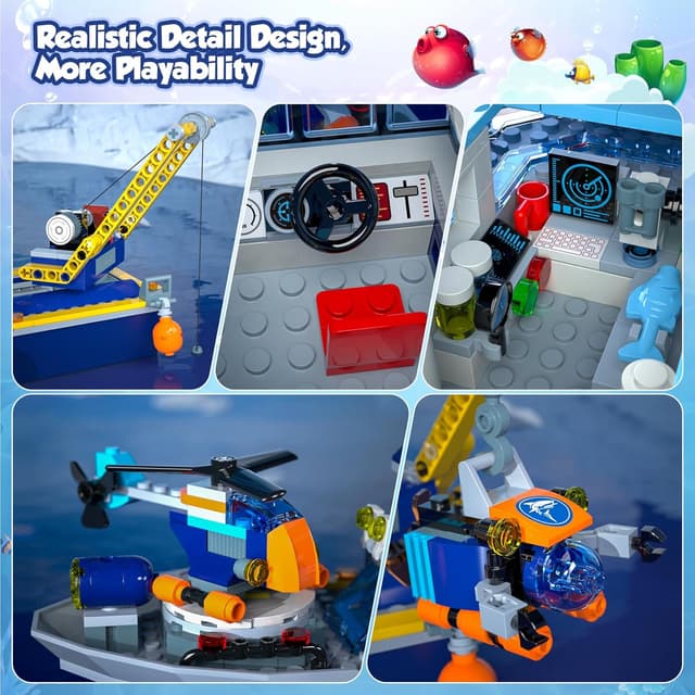 Detalle 2 de JAEUZKJYDA City Floatable Boat Building Set with LED Light (Arctic Ocean Explorer) + Crane, Submarine, Helicopter