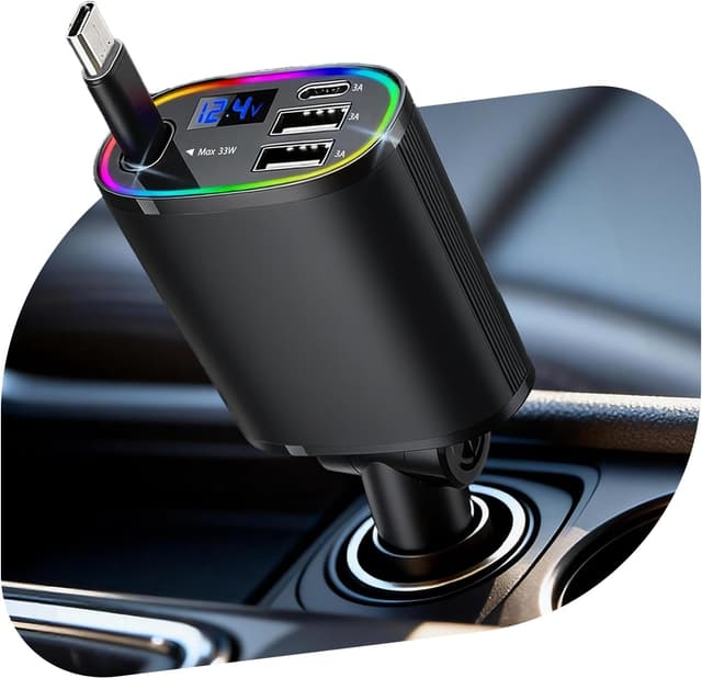 Detalle de Retractable 78W Car Charger (4-in-1) with PD 3.0, Retractable Type‑C Cable and RGB Light