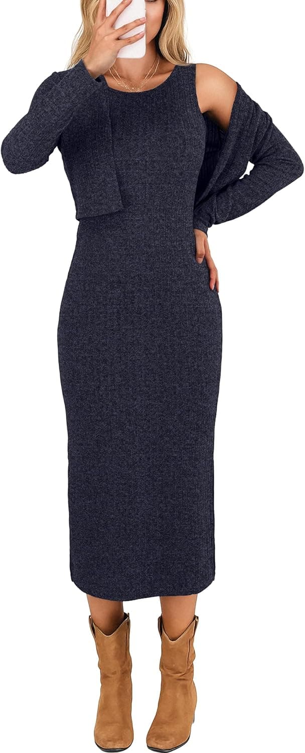 Thumbnail 6 de GRECERELLE ribbed knit dress & cropped cardigan set: 2-piece midi outfit with tie-front cardigan