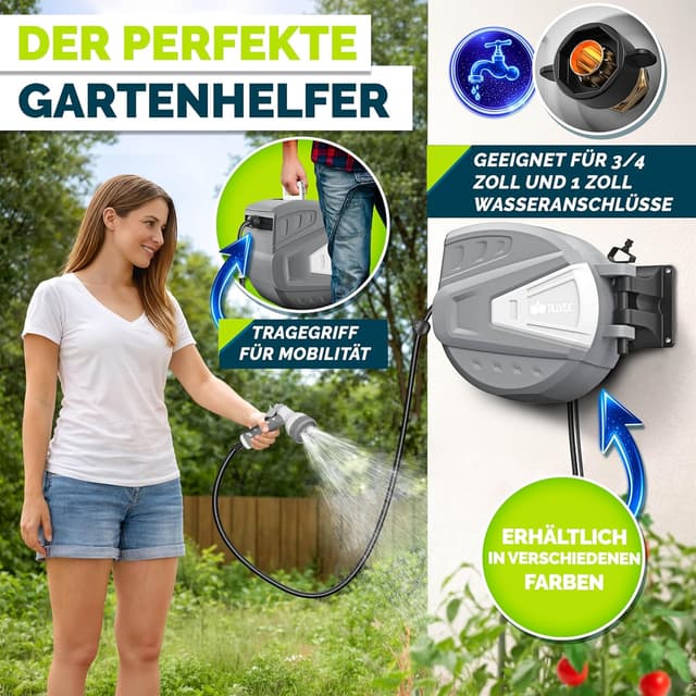 Detalle 2 de tillvex Schlauchtrommel mit Wandhalterung, 180° schwenkbar, Handbrause & 30 m Schlauch (Grau)