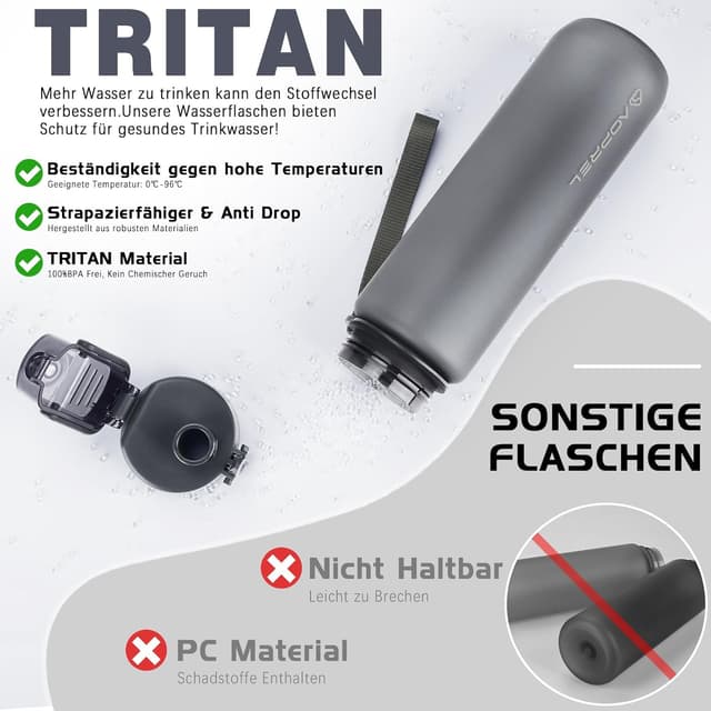Detalle de AOPREL Trinkflasche 1 l aus Tritan, BPA-frei – Sportflasche mit Filter und Bürste