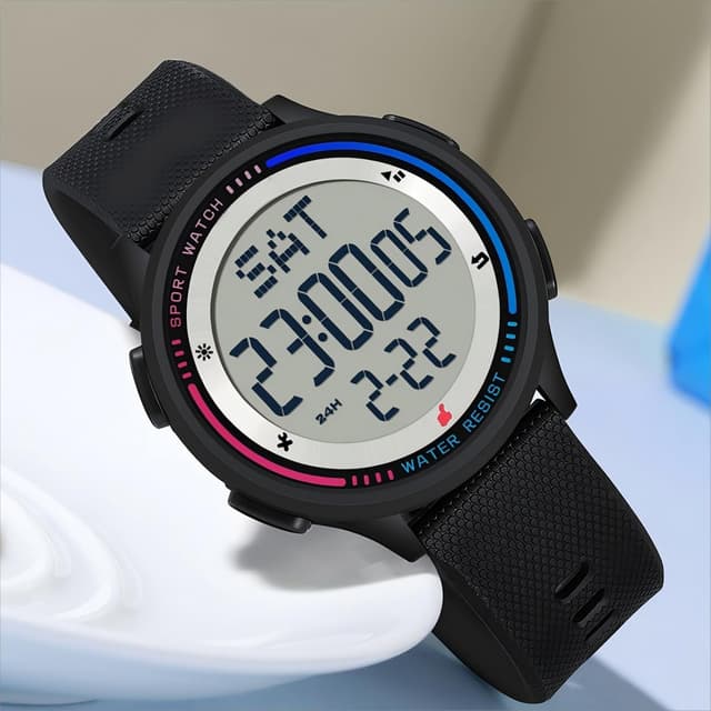 Detalle de findtime Digital-Damenuhr mit 5ATM, Dualzeit & Countdown – Rosa, mit Leuchtziffern