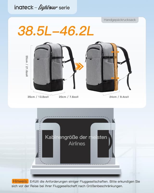 Detalle de Inateck erweiterbarer Reiserucksack 38,5–46,2 L fürs Handgepäck mit Laptopfach (bis 15,6 Zoll)