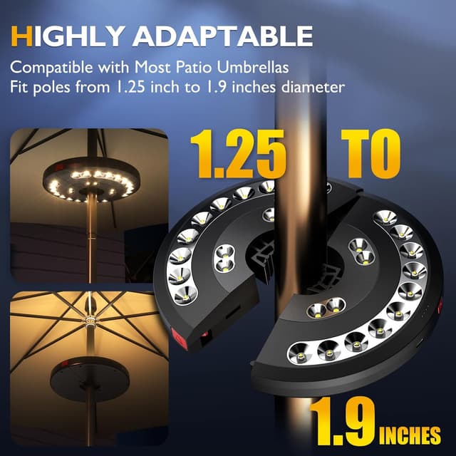 Detalle de Garden Parasol Lights LED Patio Umbrella Pole Light (USB rechargeable, cordless clamp) – warm light