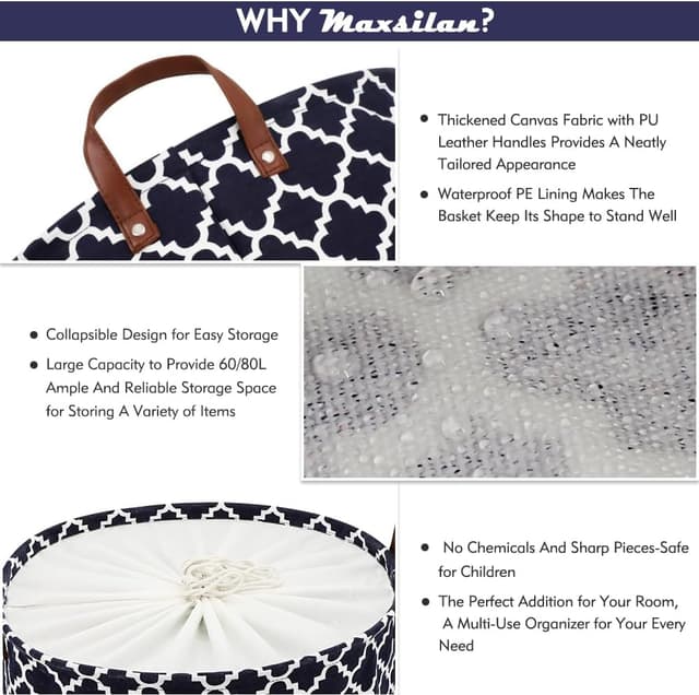 Detalle de Maxsilan 80L X-Large Laundry Basket with Drawstring (Collapsible, Handle) – Blue