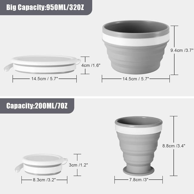 Detalle de Odoland set stoviglie da campeggio per 1 persona con ciotola pieghevole in silicone, tazza con coperchio e cucchiaio in acciaio