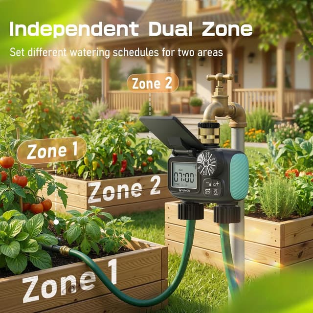 Detalle de Timer per irrigazione solare CyberOrd a 2 zone con ricarica Type-C e modalità auto/manuale