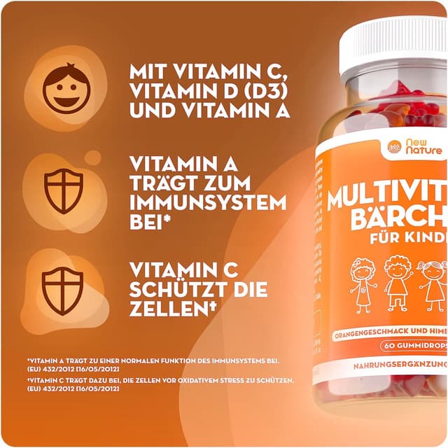 Detalle de New Nature Kinder Multivitamin Fruchtgummis mit Zink, Vitamin C & D – Kindervitamine ab 3 Jahren (60 Gummis)