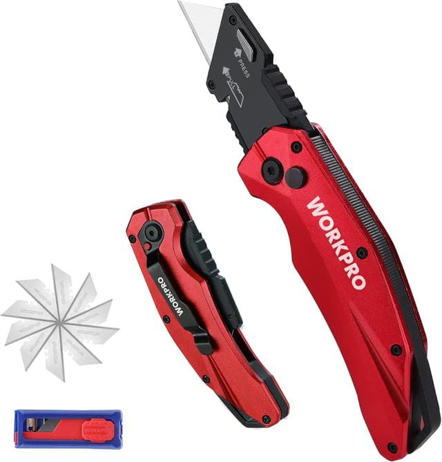 Detalle de WORKPRO Cutter Professionnel Pliant avec mécanisme de changement rapide – 10 lames SK5 incluses