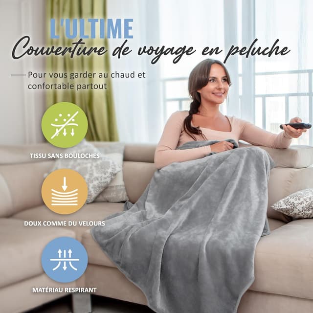 Detalle de BOACAY Couverture de voyage douce et chaude 2-en-1 (oreiller compact, manchon bagage, clip sac à dos) 100 x 160 cm