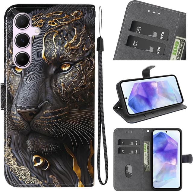 Thumbnail 6 de TUUTPU Handyhülle für Samsung Galaxy A55 5G – Klapp-Flip-Case mit Kartenfach, Magnetverschluss und Standfunktion (Goldlöwe)