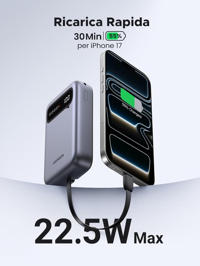 Detalle de UGREEN Zapix Power Bank 22,5W da 20.000 mAh con ricarica rapida e cavo USB-C integrato