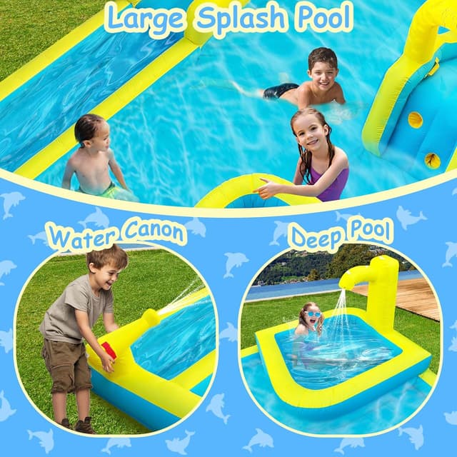 Detalle de Giant Dolphin Inflatable Water Slide & Splash Park with Deep Pool, Water Cannon and 550W Blower
