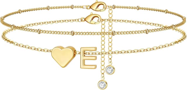 Detalle de TINGN Fußkettchen Damen mit Herz & Buchstaben, 14K vergoldet, wasserfestes Knöchel-Schmuckstück