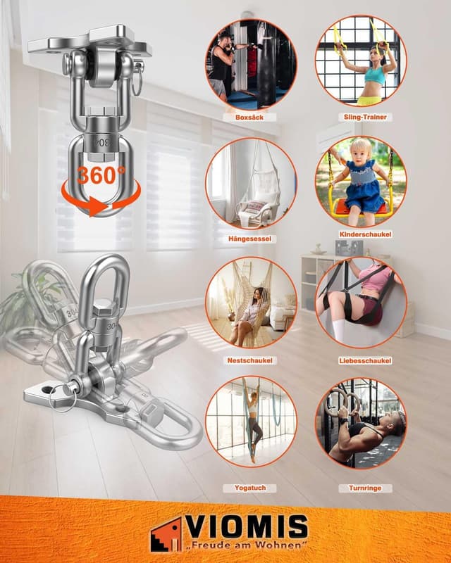 Detalle de Viomis Edelstahl-Deckenhaken 360° drehbar – universal für Schaukeln, Hängematten & Boxsäcke (bis 450 kg)
