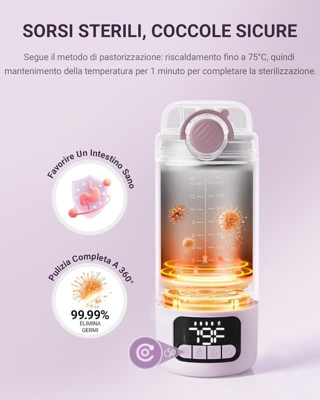 Detalle de Comfyer BW02 scaldabiberon portatile con batteria 16.000 mAh e sterilizzatore integrato da 500 ml