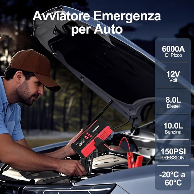 Detalle de OGORI NEW Booster Avviamento Auto portatile 6000A con compressore aria, torcia LED e display LCD