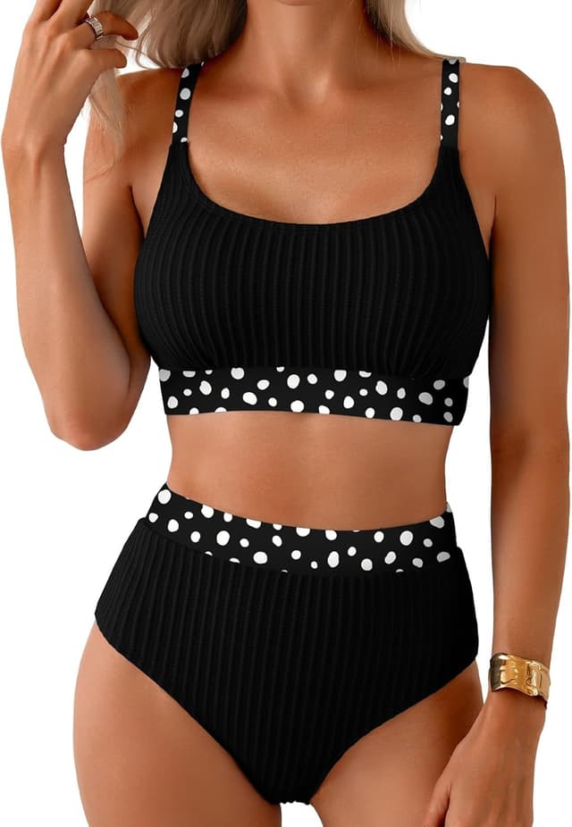 Detalle de Herseas Women's Textured Bikini Set with Floral Print Trim (Scoop Neck, High-Waisted)