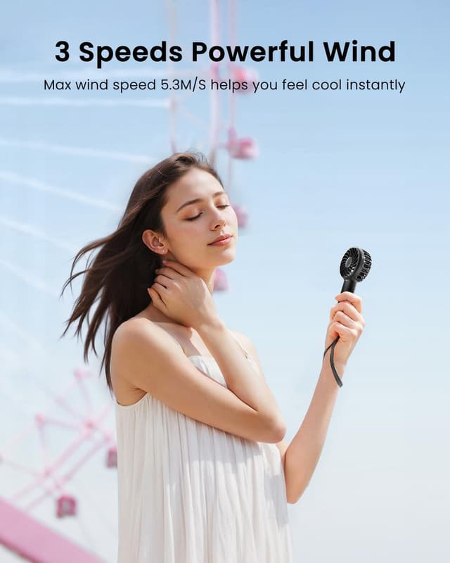 Detalle 2 de Gaiatop Mini Portable Handheld Fan (3-speed, USB rechargeable) for travel, camping and quick makeup drying