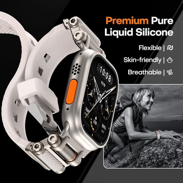 Detalle de TAURI Liquid Silicone Adjustable Band for Apple Watch Ultra/Series (Starlight) with Stainless Steel Metal Connector