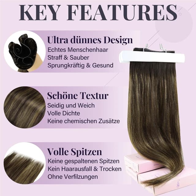 Detalle de Fshine Genie Weft Extensions aus Remy Echthaar – Balayage Dunkelbraun bis Kastanienbraun, 60 cm / 60 g (Echthaar Tressen)