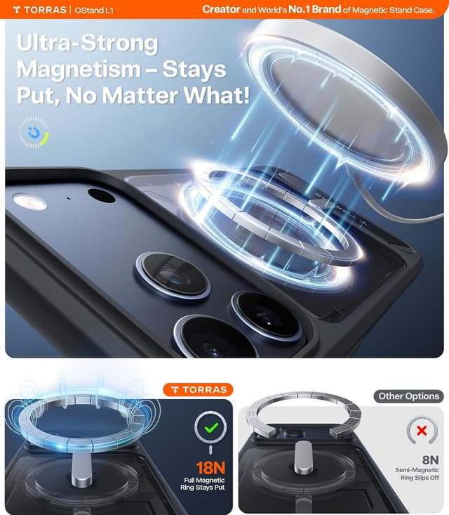 Detalle 2 de TORRAS Strong Magnetic & Seamless Stand Case for iPhone 17 Pro (MagSafe, MIL-STD-810H), Black