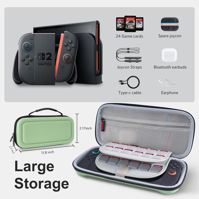 Detalle de CoBak Large Capacity Carrying Case for Nintendo Switch 2 (2025) – 3-in-1 Bundle (Matcha Green, Gift Box Edition)