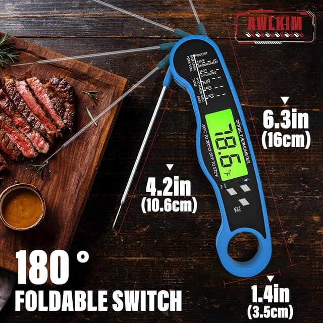 Detalle de AWLKIM® Digital Meat Thermometer (Fast Instant Read) with Backlight, IP67 Waterproof Blue