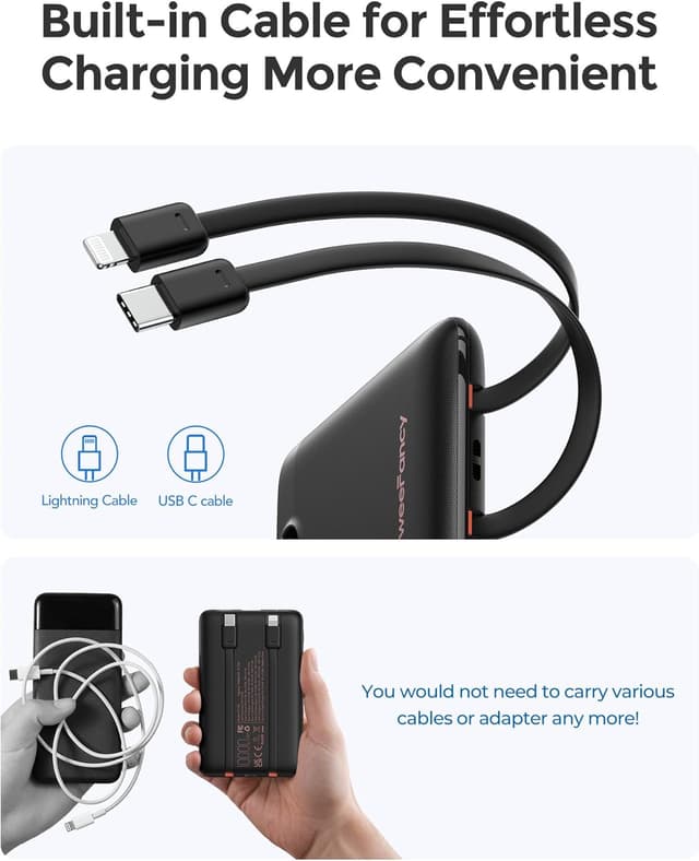 Detalle 2 de WeeFancy 10000mAh Fast Charging Power Bank with Built-in Cables (Black)