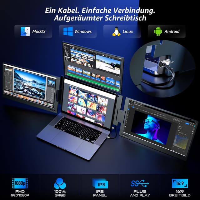 Detalle de ROADOM 15,6 Zoll tragbarer Triple-Monitor (Faltbar, Metallgehäuse, 360° drehbar) mit Type-C & USB – 1080P FHD IPS