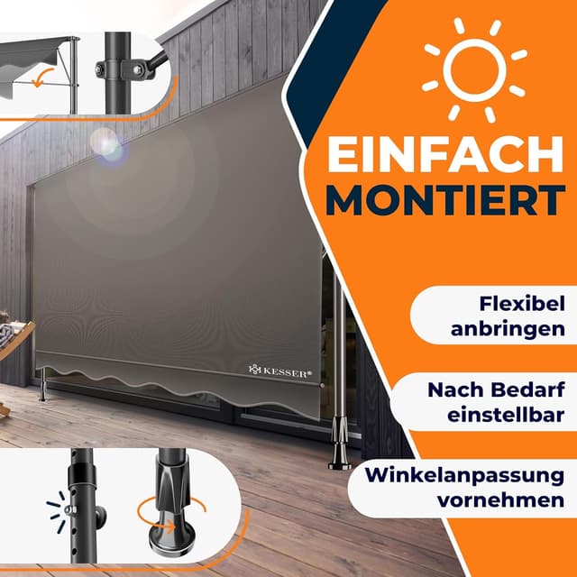 Thumbnail 6 de KESSER Klemmmarkise mit Handkurbel für den Balkon (150 cm) – UV-beständig, ohne Bohren
