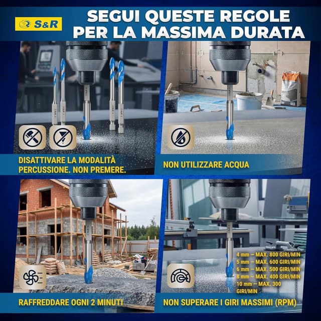 Detalle 2 de S&R Set Punte Trapano per Ceramica Dura 5 pezzi 4/5/6/8/10 mm con codolo esagonale 1/4”