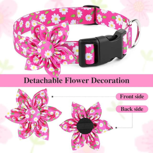 Detalle de BiPawTi Medium Pink Flower Dog Collar with Bloom Decoration (Pink, M)