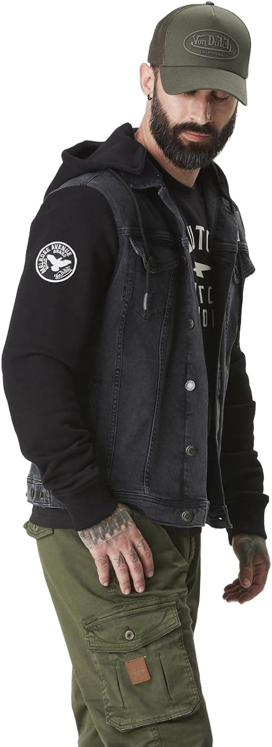 Detalle 2 de Veste en jean bi-matière homme Dutch Used Noir (98% coton, 2% élasthanne)