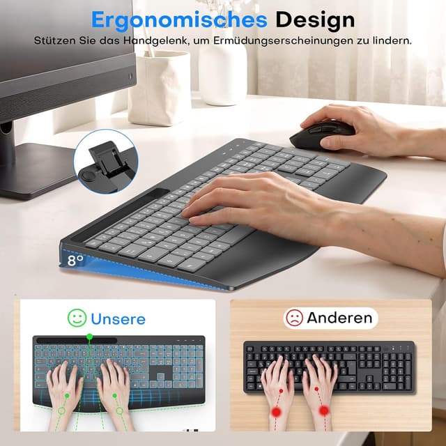 Detalle de OMOTON kabellose Tastatur mit Handballenauflage (2,4 GHz, QWERTZ) – wiederaufladbar, leise, mit 7 Farben Hintergrundbeleuchtung