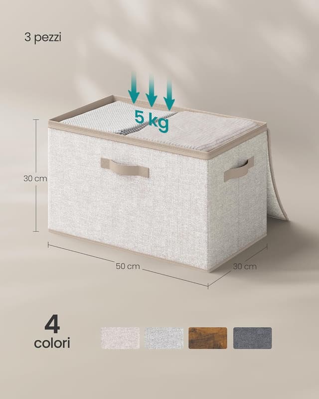 Detalle 2 de SONGMICS set di 3 scatole portaoggetti pieghevoli con coperchio e maniglie Beige Sabbia (50 x 30 x 30 cm)