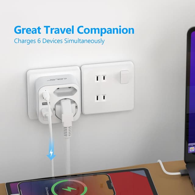 Detalle de Adattatore di viaggio internazionale JSVER 6 in 1 con 2 USB-C e 2 USB-A (tipo A) per Giappone, USA, Canada e altro