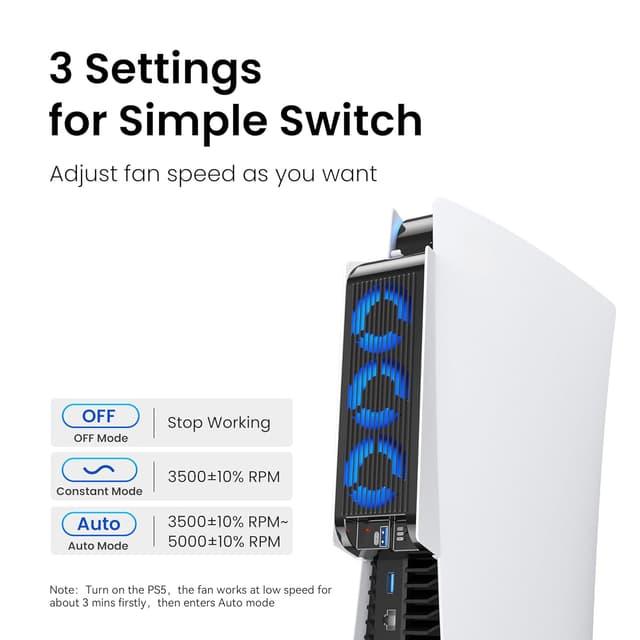 Detalle 2 de KIWIHOME Cooling Fan for PS5 (2020 models) with Auto Speed, USB3.0 passthrough and LED (White)