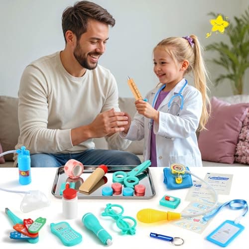 Detalle de Perbabe Maletín médico de madera con estetoscopio real y kit de rol (32 piezas) para niños