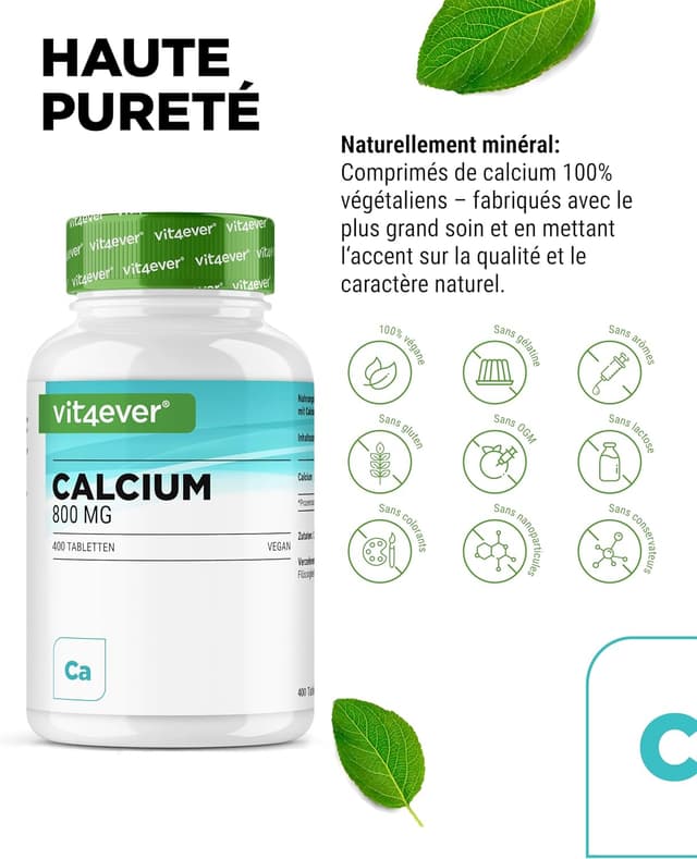 Detalle de vit4ever Calcium 800 mg (carbonate de calcium) – 400 comprimés, 6,6 mois de réserve