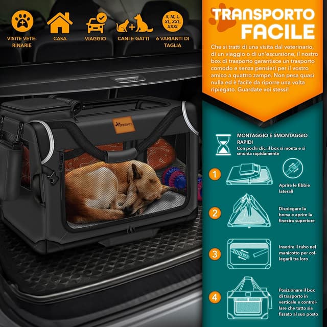 Thumbnail 6 de TRESKO Box pieghevole per cani con tappetino e spatola XXL 92 x 63 x 63 cm (trasportino auto e borsa) – nera